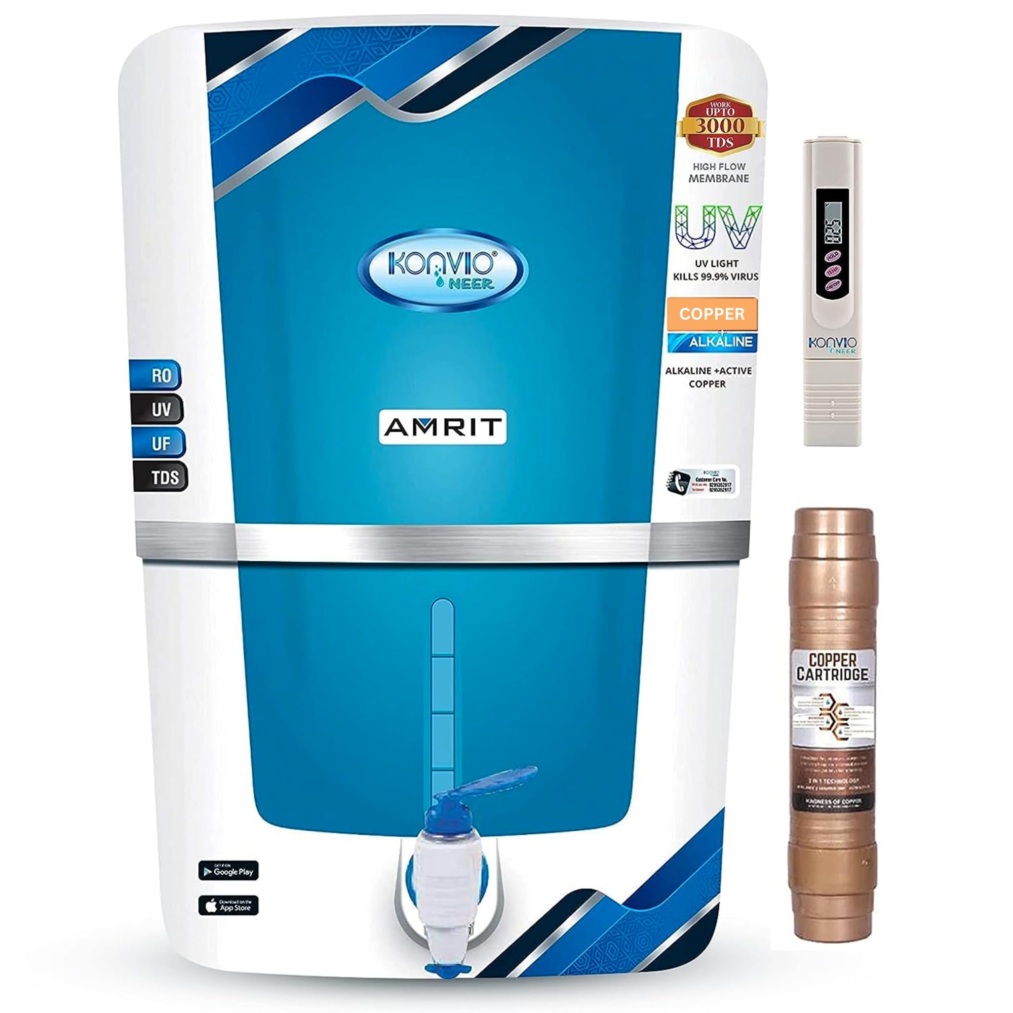 Konvio Neer Copper RO water purifier for home and office, RO+UV+UF and TDS Controller, 12 liter, fully automatic