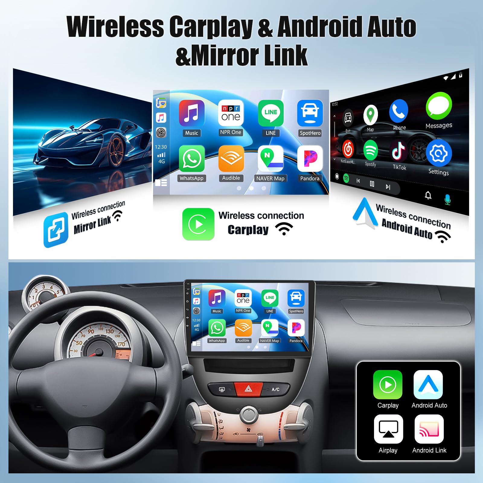 OiLiehu 4+64GB Android 13 2 DIN CarPlay Android Auto para Peugeot 107/Citroën C1/Toyota Aygo (2004-2014) Pantalla de 10,1 Pulgadas Mirror Link Bluetooth FM/RDS GPS WiFi SWC EQ Camara Marcha Atras