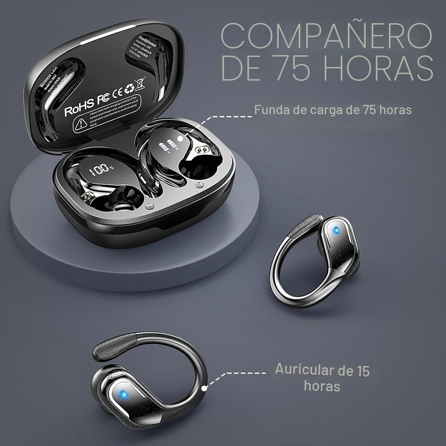 Auriculare Inalámbricos Deportivos, Nueva Auriculares Bluetooth 5.4 con IPX8 Impermeable, HD Mic, 75H Cascos Inalambricos Bluetooth HiFi Estéreo, Cancelacion Ruido ENC Auriculares Running Pantalla LED