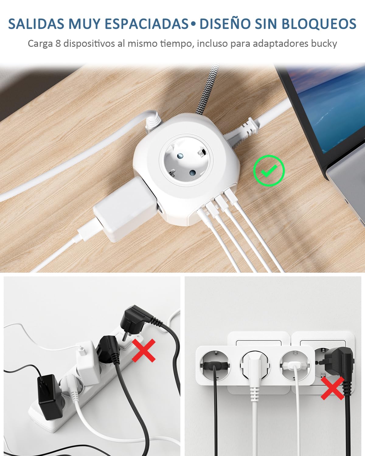 LENCENT Cubo Regleta Enchufes 2M con 4 Tomas de CA, 3 USB y 1 Tipo C | Alargadera Electrica Protección contra Sobretensiones para Familia, Cocina y Oficina White