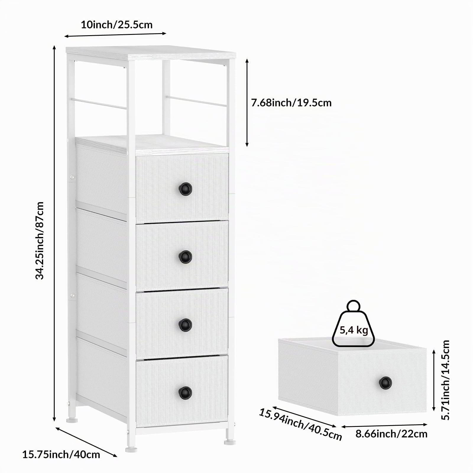 CADUKE Comò stretto in tessuto con 4 cassetti – Cassettiera per spazi ridotti, camera da letto, bagno o soggiorno – Struttura in metallo e piano in legno (bianco)