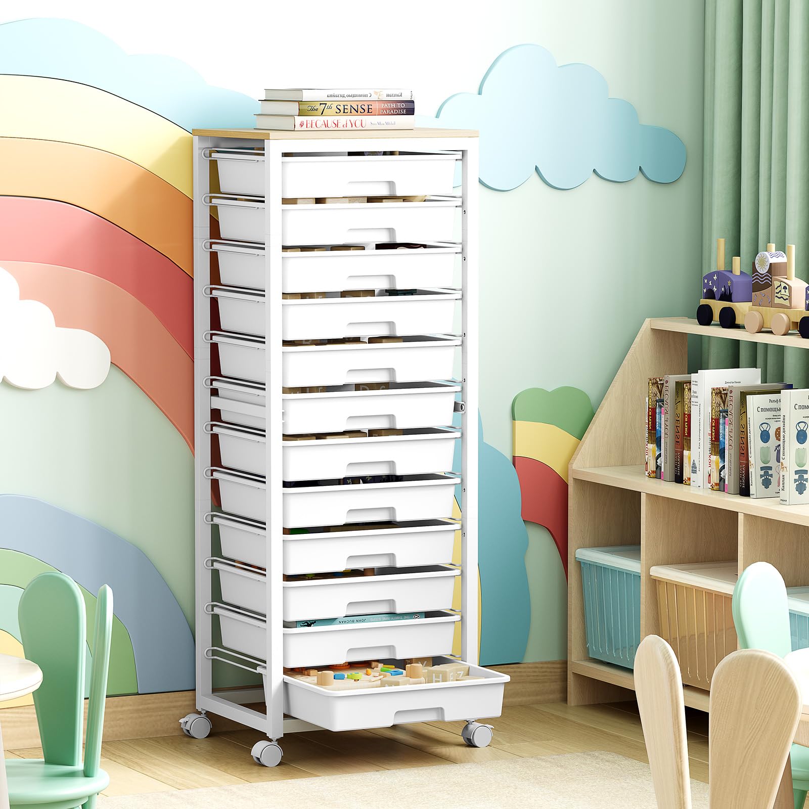 SYKIARIOL Chariot à roulettes avec 12 tiroirs - Chariot de bricolage mobile avec plateau en bois, idéal pour l'organisation à la maison et au bureau (blanc)