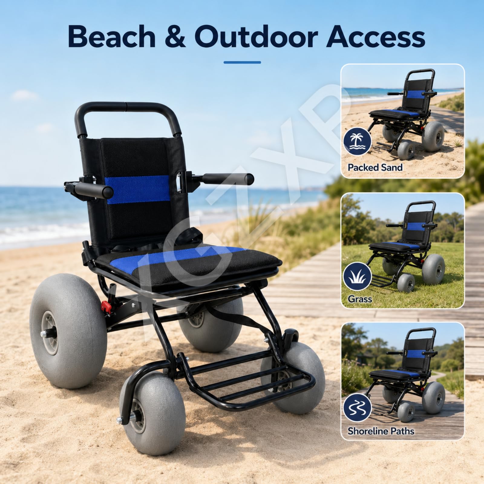 Silla De Ruedas Todoterreno Para Playa, Plegable, Con Neumáticos Anchos, Capacidad De 100 Kg, Reposapiés Plegable, Para Playa, Césped, Grava Y Acceso Al Agua