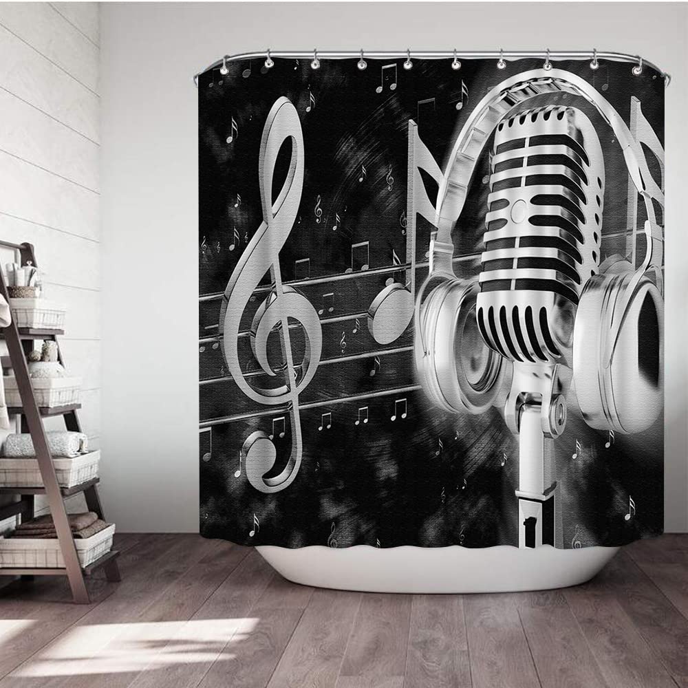 Artmyharbor Music Shower Curtain Black and White Microphone with Musical Notes Print Bath Curtain Waterproof Cloth Fabric with Hooks 72x72inch