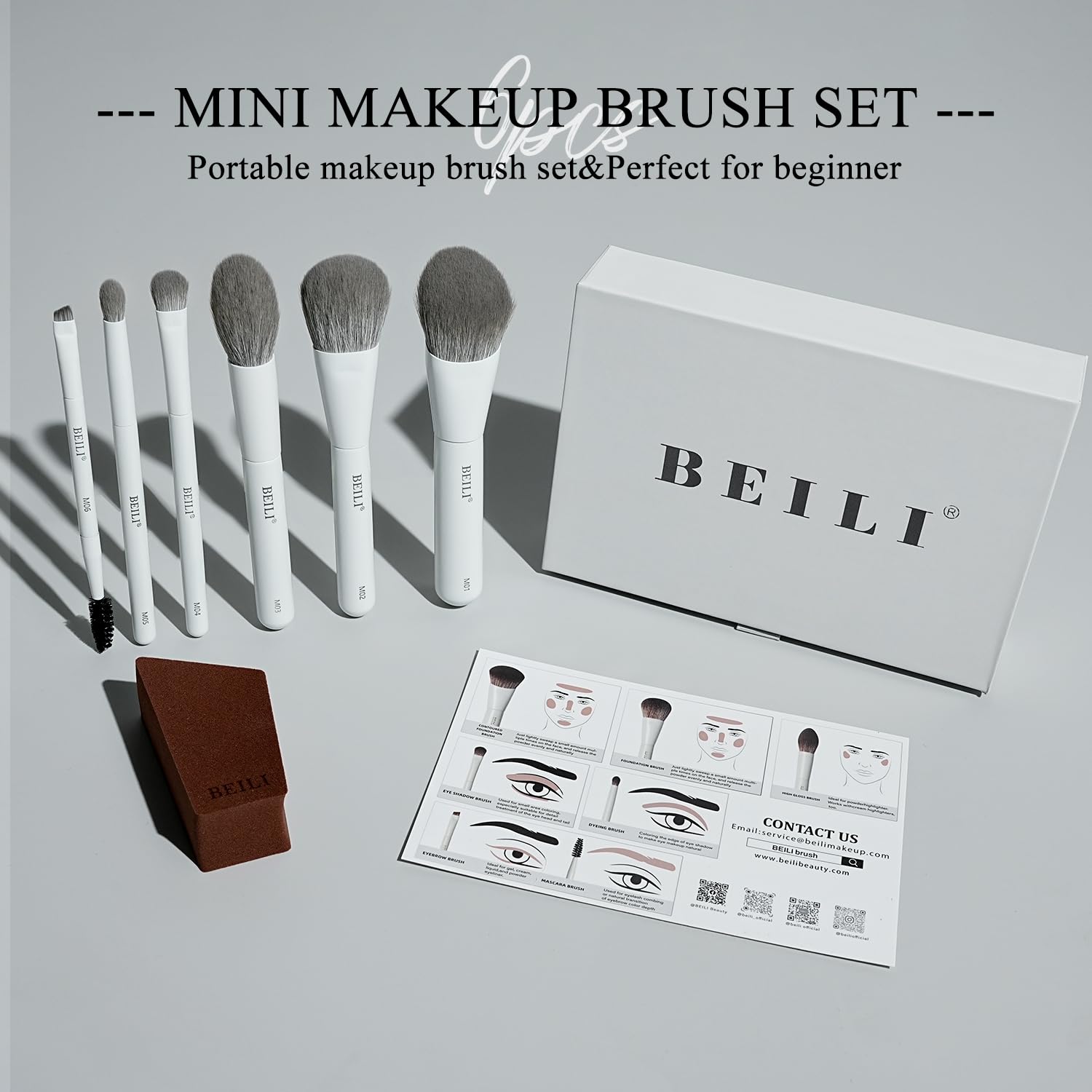 BEILI Mini 6Pcs Makeup Brush Set – Classic White, Professional Makeup Brushes for Foundation, Contour, Highlighter & Blending, Travel-Ready with Sponge
