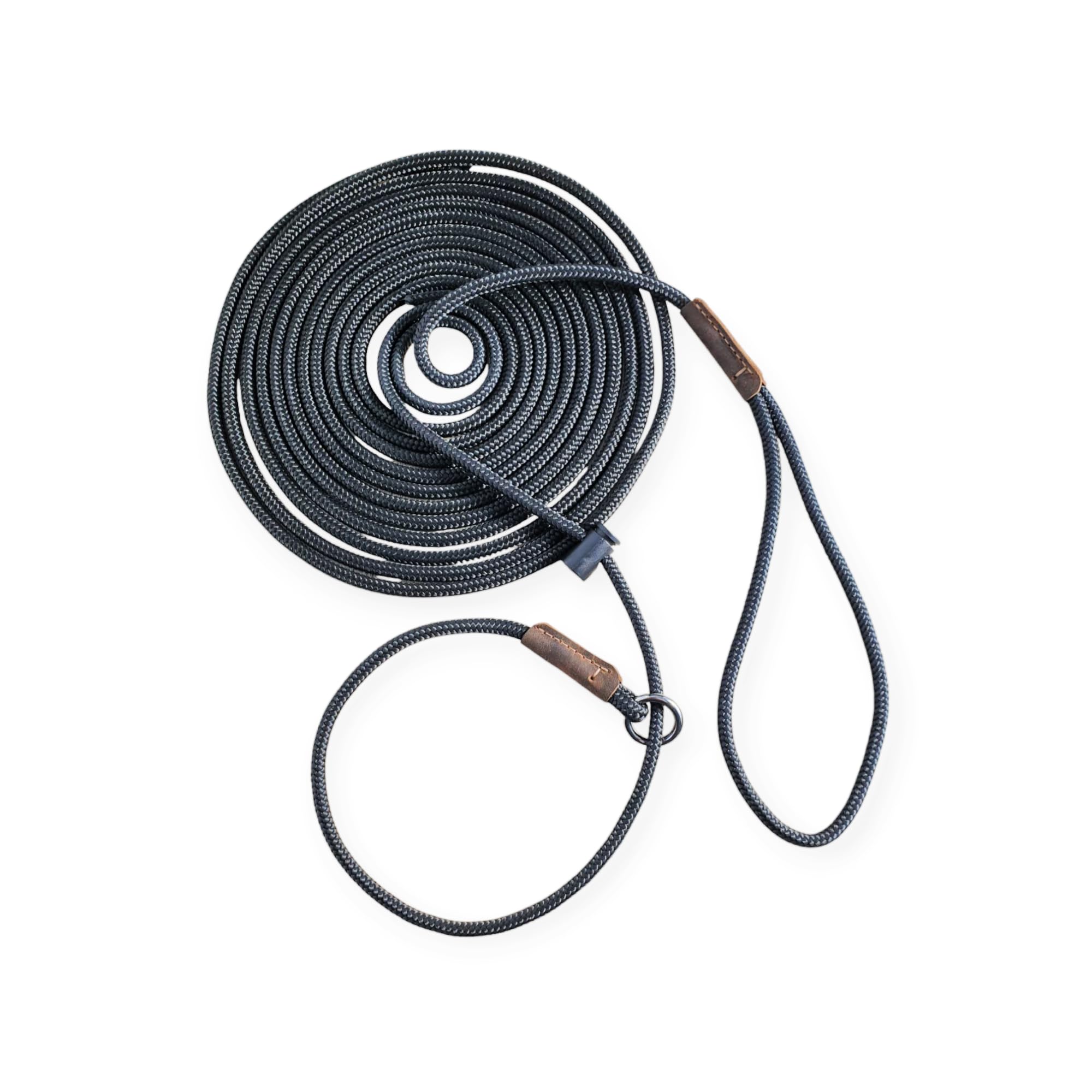 p.e.s. Signature Long Line Slip Lead โ Long Dog Training Leash, Gun Dogs & Field Trials Lead, 6mm PP Rope, Spring-loaded stopper, Leather binding, Handmade in the UK (Black, 20 Feet)