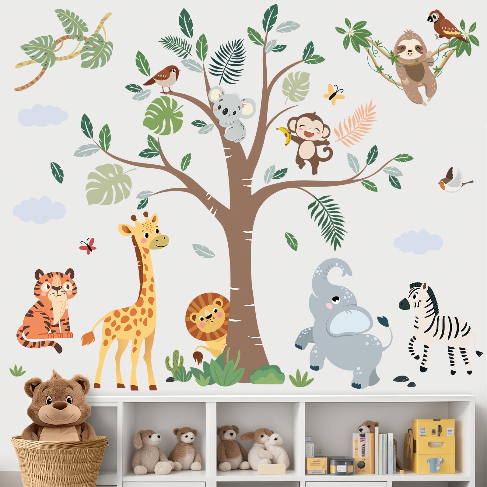 Peelora Jungle Animals Tree Wall Decals Giraffe Elephant Lion Safari Wall Stickers Kids Bedroom Baby Nursery Reusable Self-Adhesive Wall Decor Stickers