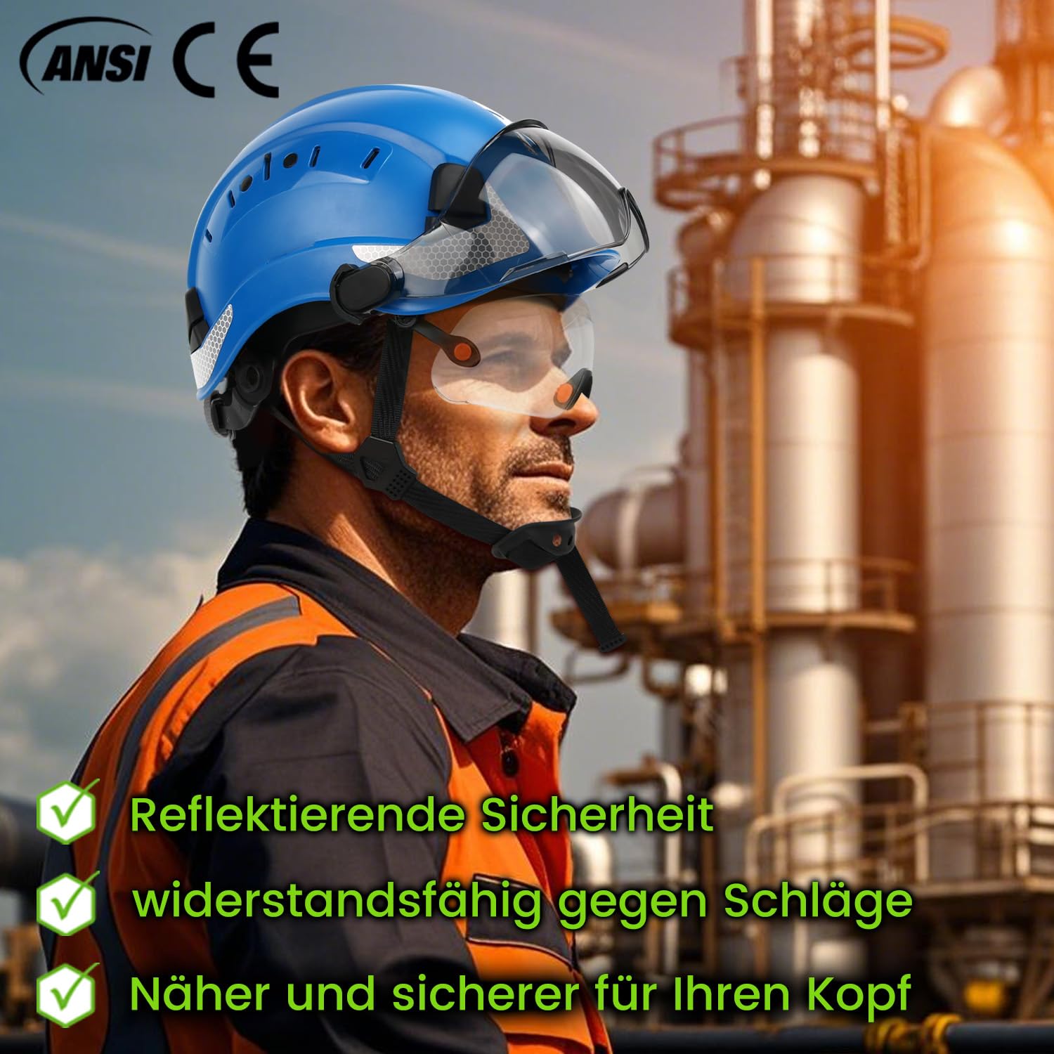 GREEN DEVIL Casque de protection industriel certifié EN397 et EN166 avec visière teintée + transparente | Casque de sécurité avec double visière pour la construction, l'artisanat et l'industrie |