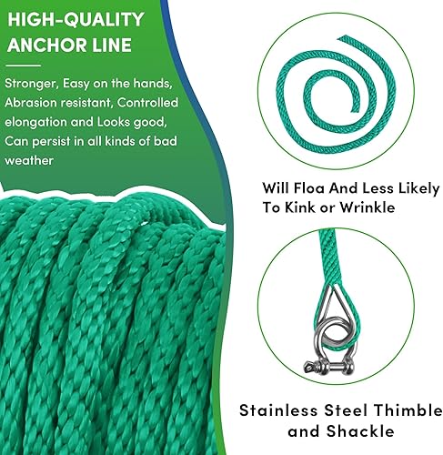Vista 173 de Cuerda de anclaje premium de 100 pies x 3/8 pulgadas, cuerda marina de línea de anclaje MFP trenzada sólida con dedal y grillete, color negro
