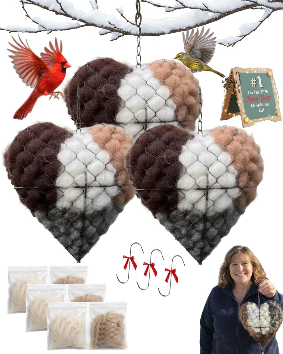 Handmade Alpaca Fiber Bird Nesting Heart, Bird Nesting Material Holder for Wild Birds, Winter Tree Shelter for Wild Bird, Hummingbird Houses Nest Boxes Gifts for Garden Art Birdhouse (3PCS)