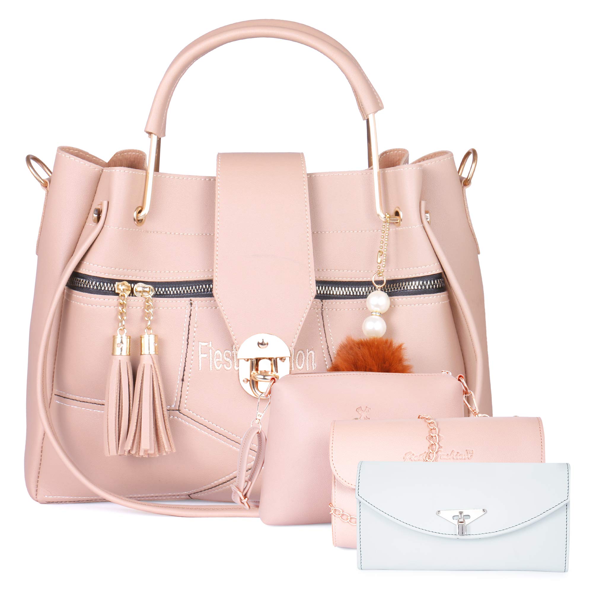 Fiesto FashionPU Leather Handbags with Sling Bag for Women (Combo of 4) (Cream) (Black)