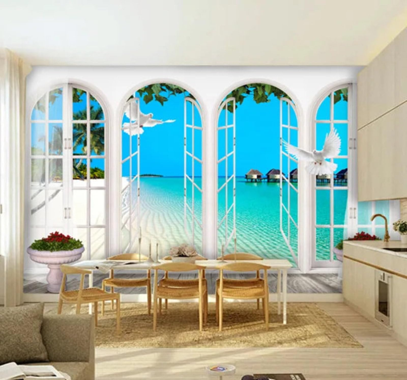 Wallpaper-3D-Xlm 350Cm×256Cm(B×H) Fresh Blue Sky Sea Beach Seascape 3D Wallpaper Easy Install Feature Office Living Room Sofa Bedroom Tv Background Wall Decoration-350Cm×256Cm