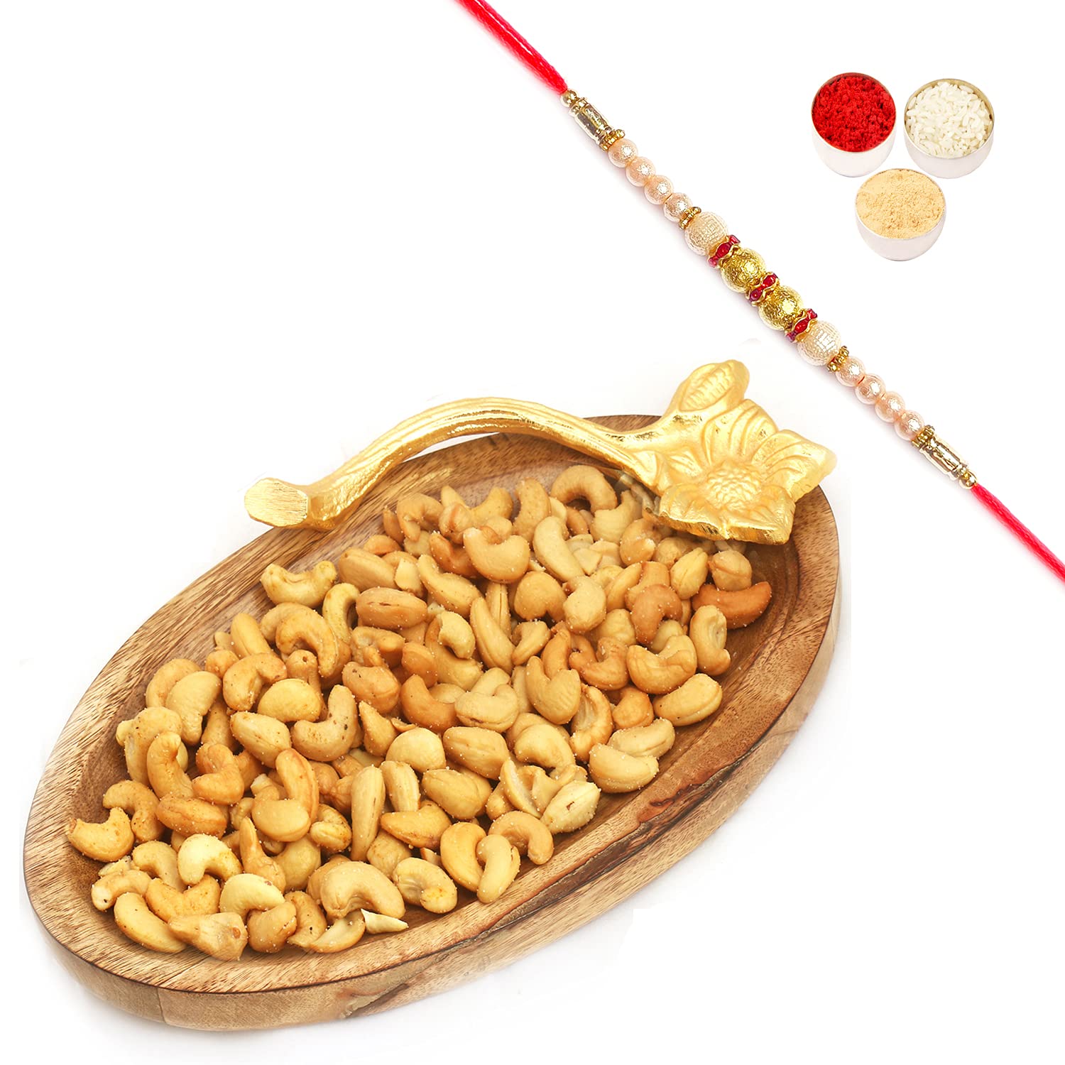 Ghasitaram Gifts Rakhi Gifts for Brothers Rakhi Dryfruits- Wooden Roasted Cashew Platter with Pearl Rakhi