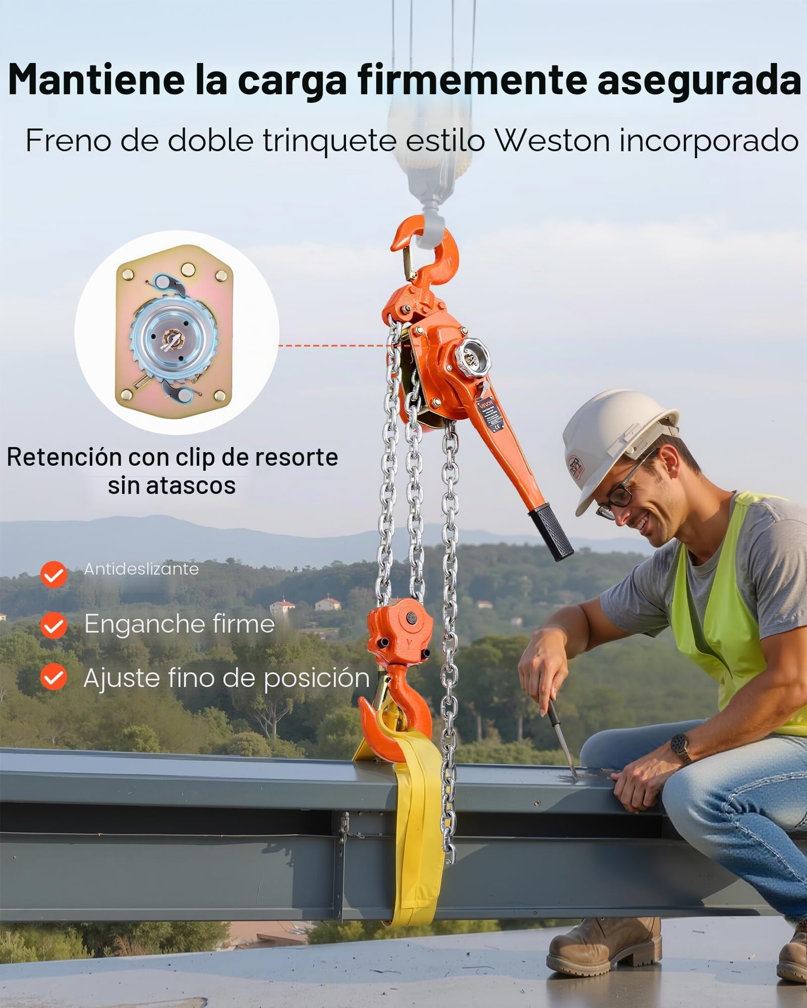 VEVOR Polipasto de Cadena Manual de Palanca, 6 T, Elevación 6 m, con Freno Mecánico de Doble Trinquete, con Ganchos Giratorios de 360°, para Almacén, Construcción y Garaje, 730 x 145 x 200 mm