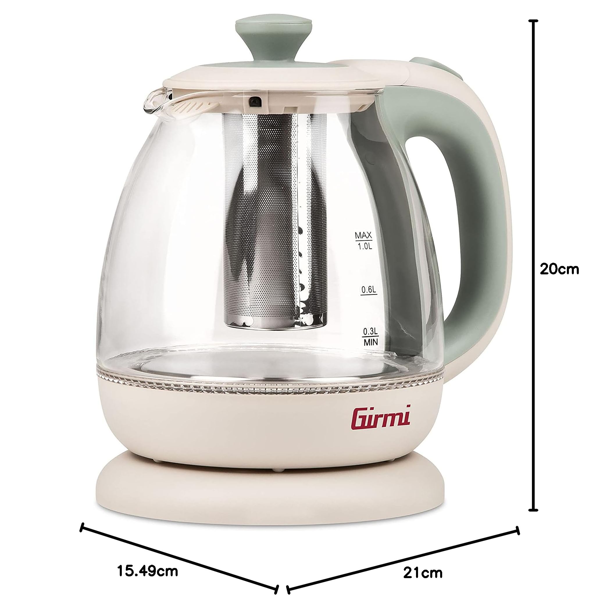 Girmi BL41 Bollitore + Tisaniera in Vetro, 1100 W, Filtro smontabile INOX, Resistenza di sicurezza, Base con rotazione 360°, Cordless 1 Litro, Verde acqua
