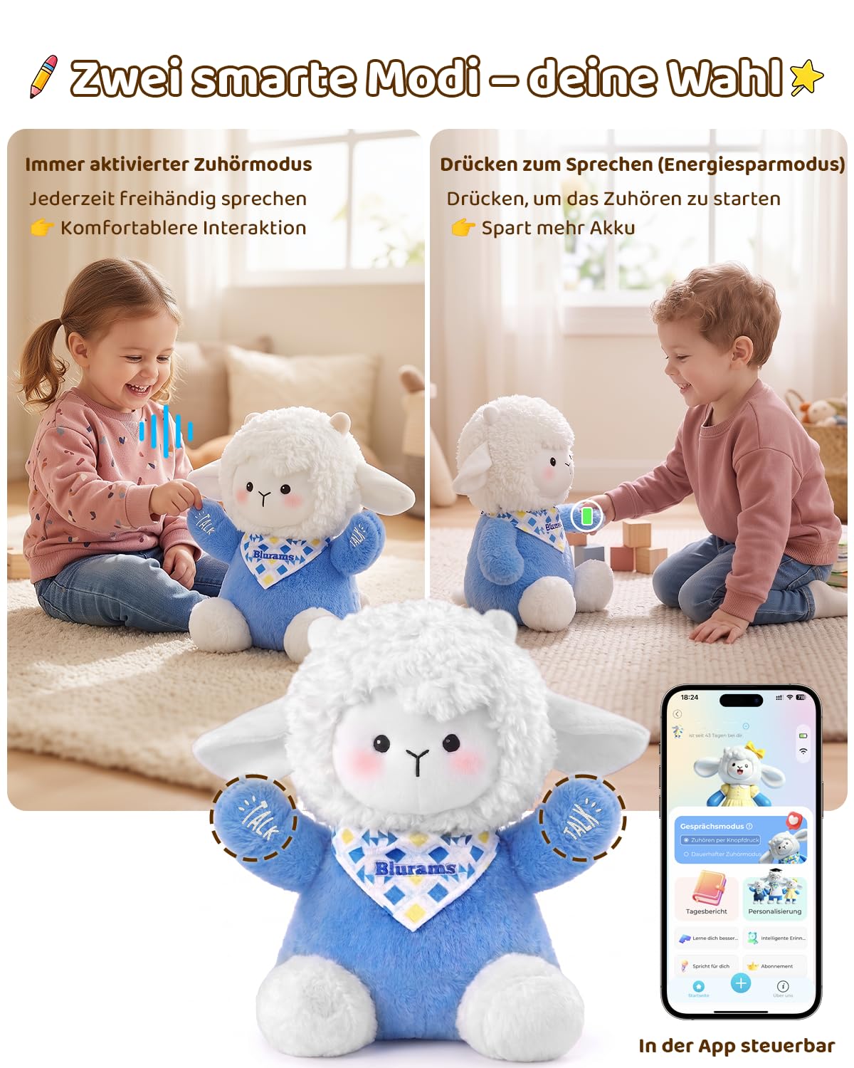 blurams KI-Spielzeug für Kinder von 3–8 Jahren, Interaktives Kuscheltier mit Sprachfunktion, App-Steuerung, Gedächtnisfunktion & Tagesbericht, Lern- und Emotionsbegleiter, Kreative Idee für Mädchen
