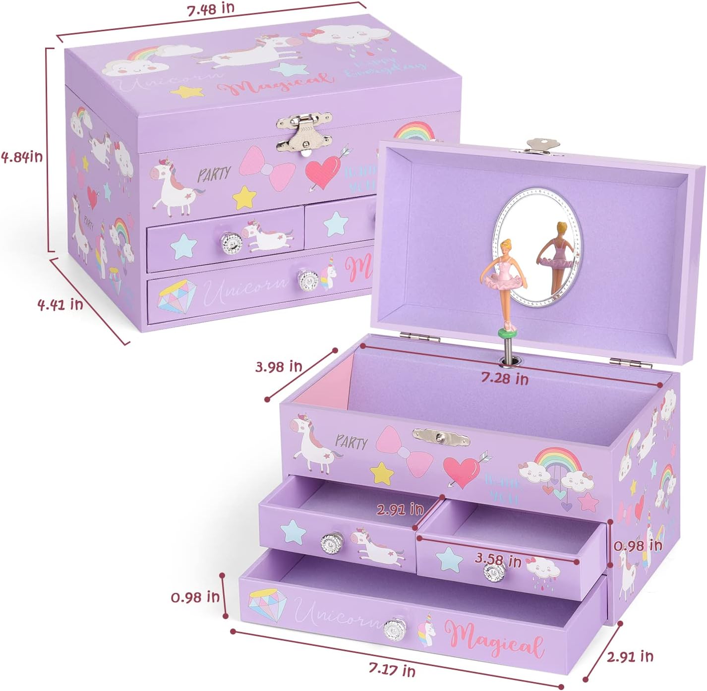 Musical Jewelry Box for Girls 3 Layer Music Box with Drawers Spinning Ballerina Unicorn Design Included Unicorn Jewelry Set Kids Birthday Christmas Gifts for Girls, Purple - Image 4