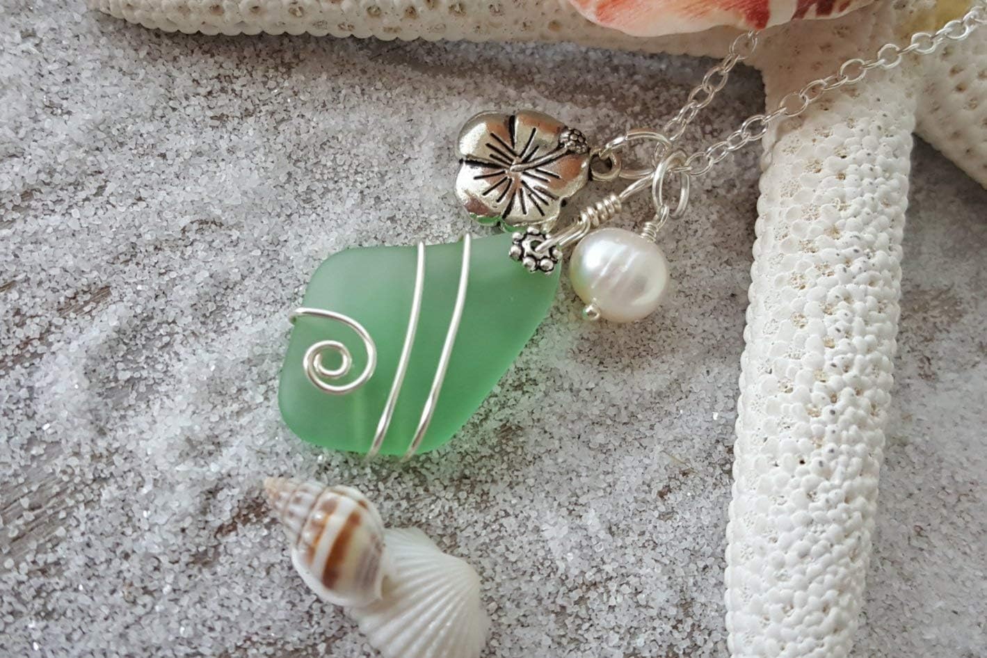 yinahawaii Handmade Sea Glass Necklace, Hawaiian Jewelry, Wire Peridot Green Necklace, Hibiscus Pearl Charm, Sea Glass Jewelry Birthday Gift For Women (August Birthstone)