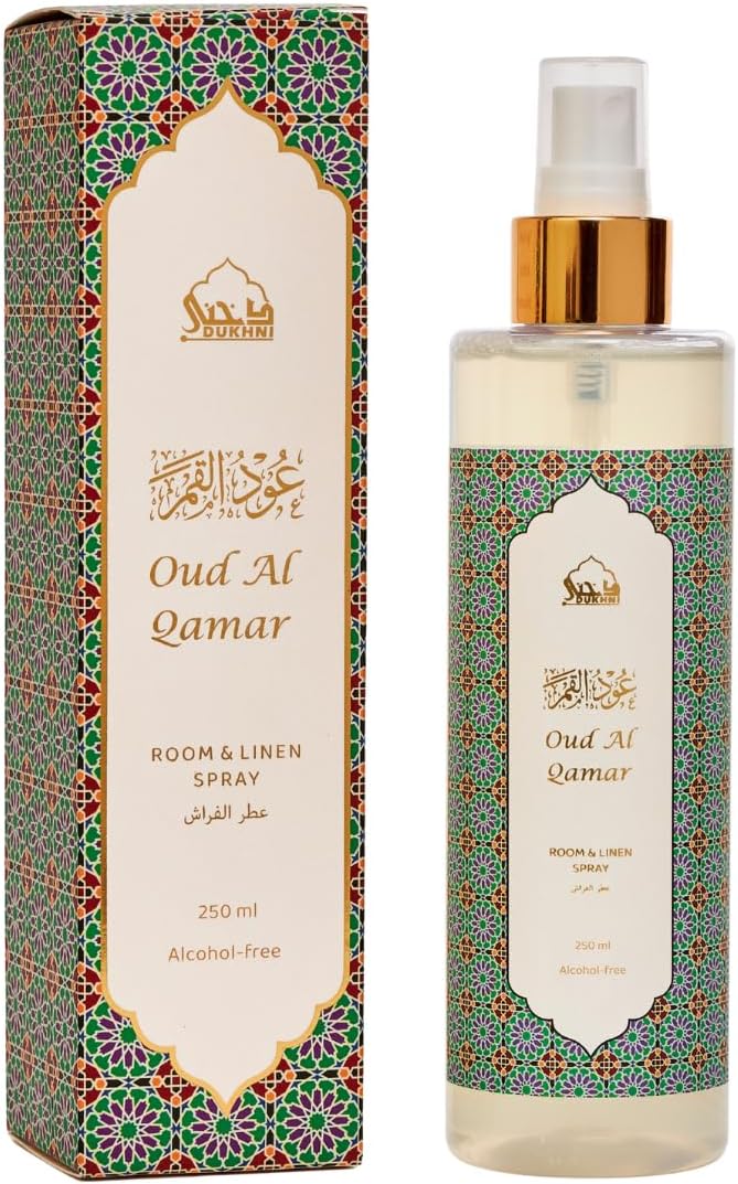 Dukhni Oud Al Qamar Attar Al Faraash by Dukhni|250ml Non Alcoholic Spray | Arabic Natural Mist | Air Freshener, Room Mist, Fabric & Linen Spray | Perfect for Prayer mats, beds, Sofas, Curtains