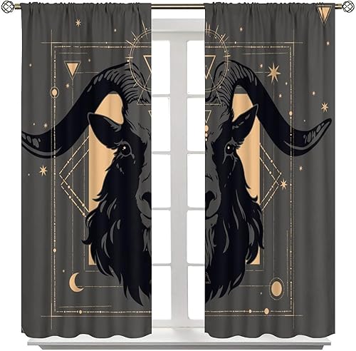 Vista 350 de Cortinas de cabeza de cabra, misteriosa cabeza de cabra malvada, calavera negra, bolsillo para barra, cortinas opacas para ventana, juego de 2
