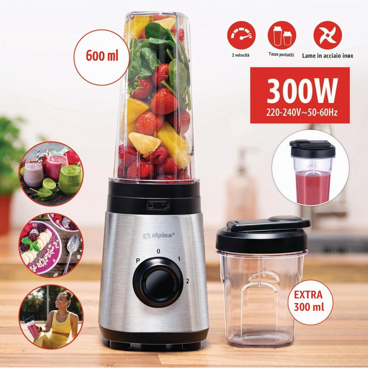 alpina Smoothie Maker Mixer – Frullatore per frullati da 300 W – incl. tazza per frullati da 300 ml e 600 ml – 2 velocità e funzione pulsante, acciaio inox – argento/nero