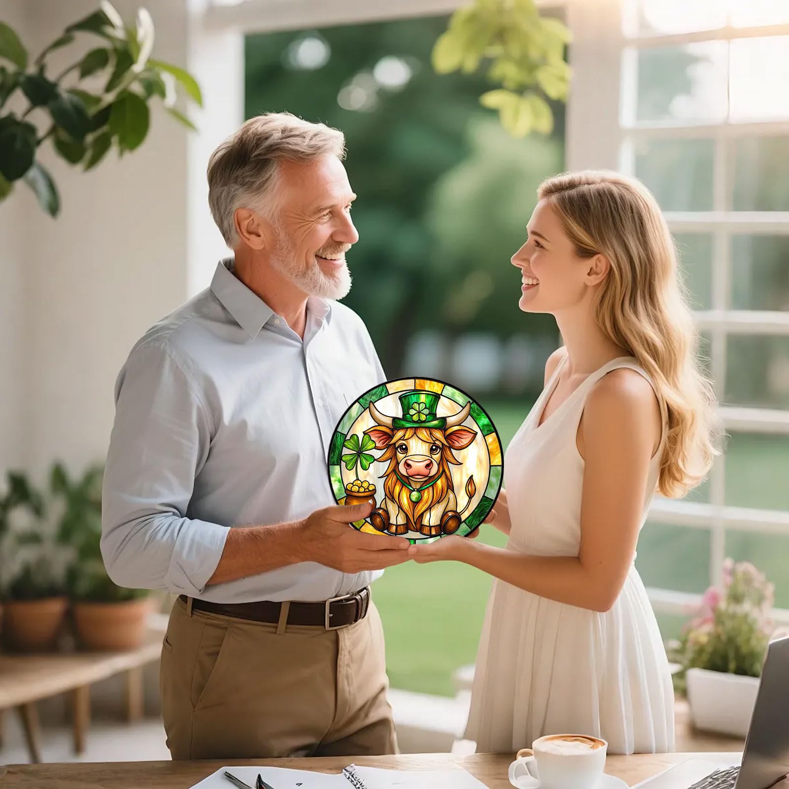 Highland krowa witrażowy wiszący łapacz słońca, zielony łapacz słońca z doniczką złota i koniczyny, Dzień Świętego Patryka, dekoracja domu, prezent dla kobiet, matki, 030309 (7,9 cala)