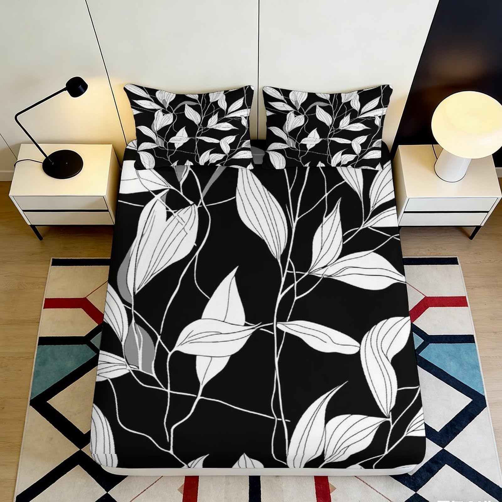 Uynsixtme Style-4 3D Printed Black White Leaf Fitted Sheet Microfiber Deep Pocket Bedroom Bedding Black White Leaf Mattress Fitted Cover Non-Slip Wrap 200X200x25cm