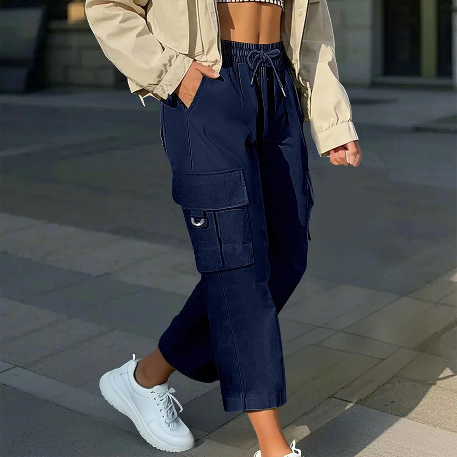 Cargo Capris for Women with Pocket Summer Mid Rise Lightweight Elastic Waist Pants Stretchy Tactical Tavel Hiking Pant