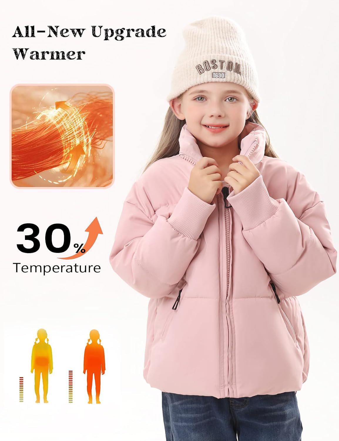 Girls Winter Puffer Jacket Warm Cropped Quilted Jacket Zip Up Puffy Coat 7-16 Years