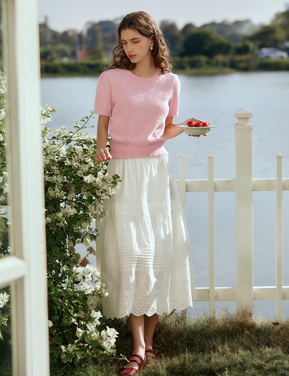 Women's White Cotton Bohemian Long Skirt, Elastic High Waist Eyelet Embroidered Lace Summer Beach Tiered Midi Dress - Image 3