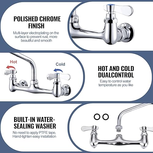 Miniatura 8 de Grifo de fregadero comercial con boquilla giratoria de 14 pulgadas, grifo de cocina de montaje en pared central de 8 pulgadas, grifo de fregadero de