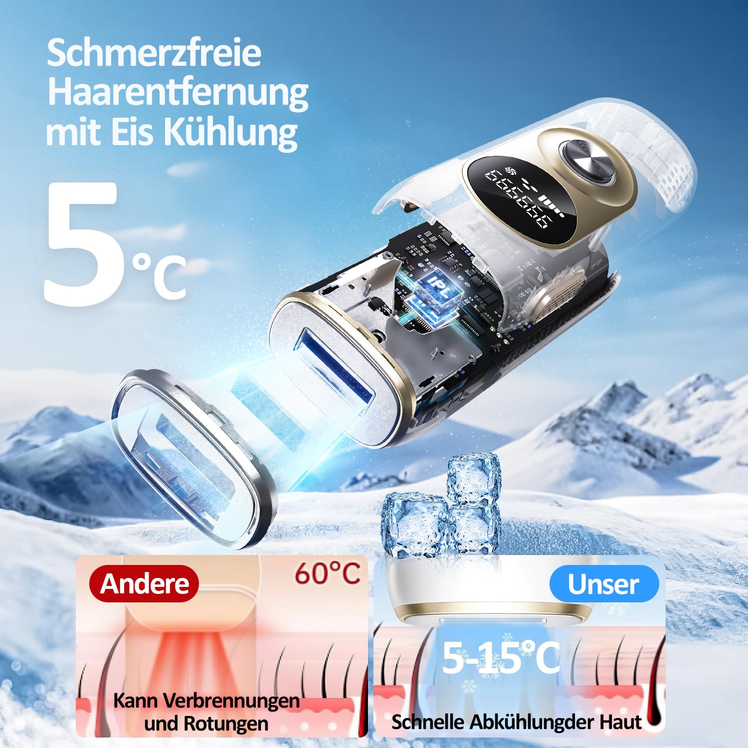 IPL Geräte Haarentfernung mit Kühlfunktion – Laser Haarentfernung 5 Energiestufen 999.999 Lichtimpulse Dauerhafte Haarentfernungsgerät