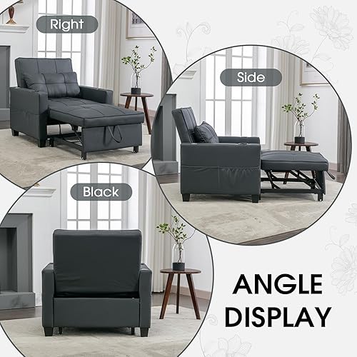 Miniatura 7 de NIOIIKIT Cama extraíble convertible 3 en 1, sofá cama individual tapizado de cuero con puertos USB, portavasos y bolsillos laterales, diván para