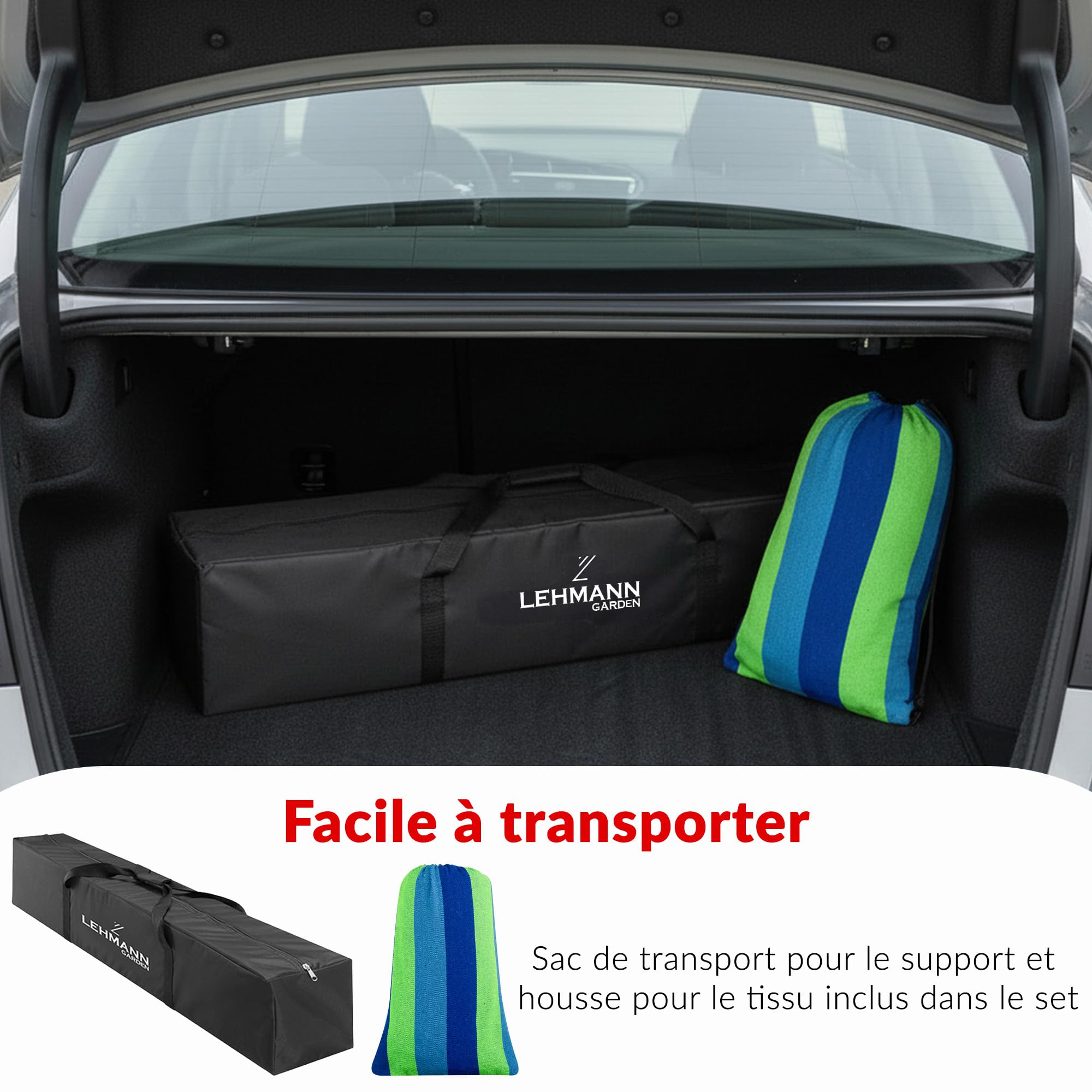 LEHMANN Hamac avec Support en Acier, Capacité de Charge 200 kg, pour 2 Personnes, Pliable et Transportable avec Sac de Transport, idéal pour Camping, Jardin et Balcon