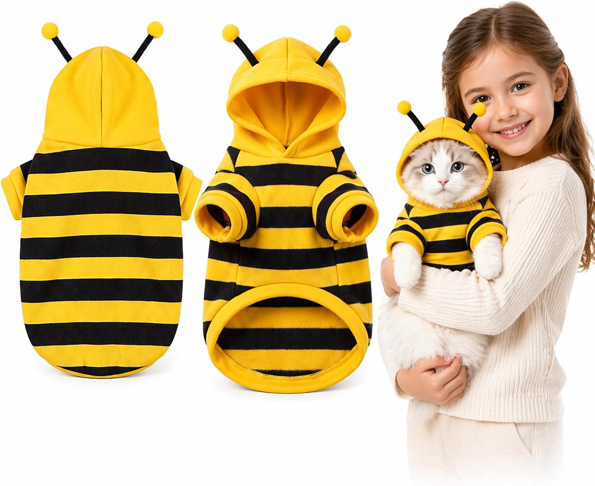 Lindo disfraz de abeja para gato, ropa de Halloween para mascotas, ropa de cosplay de abejorro, antenas, sudadera con capucha de forro polar suave y cálido para gatos, gatitos y perros pequeños, perfecto para fiestas festivas y sesiones de fotos S/M