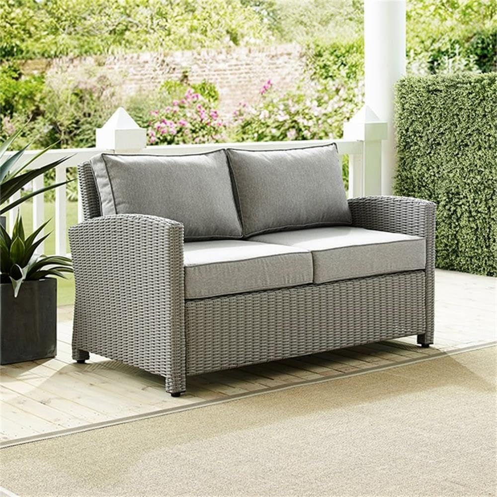 Afuera Living Transitional Wicker Patio Loveseat, 55 in Wide, Resin Wicker and Steel Frame, Gray Finish with Weather-Resistant Cushions, Outdoor Seating for Patio or Garden