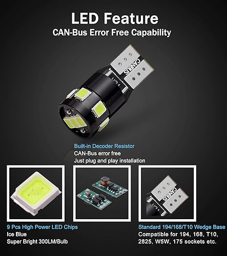 Miniatura 22 de Bombillas 194 168 2825 W5W T10 LED de 300 lúmenes, extremadamente brillantes, sin errores, Canbus, 9 conjuntos de chips LED SMD 2835 para luz