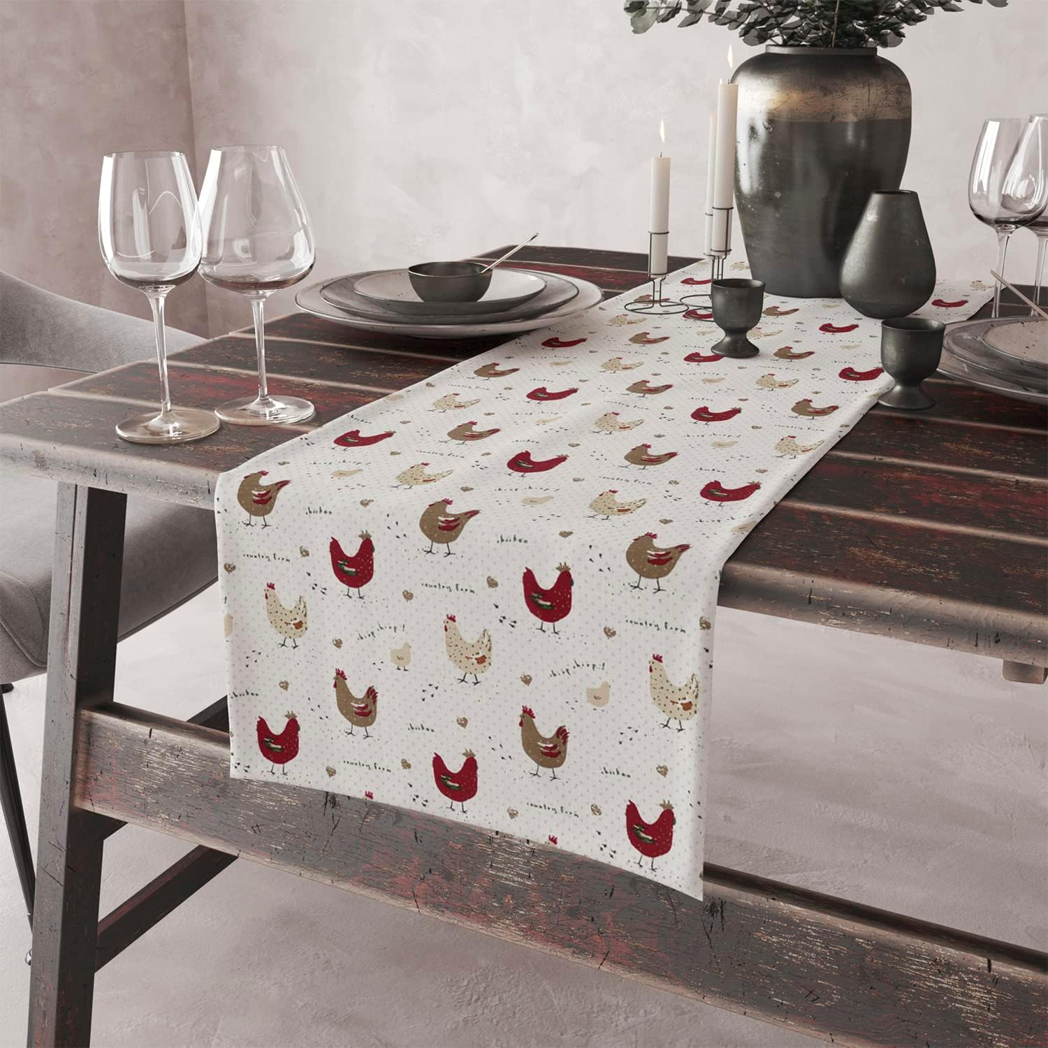 Cackleberry Home Farmhouse Chicken Table Runner Cotton Reversible, 14 x 72 Inches
