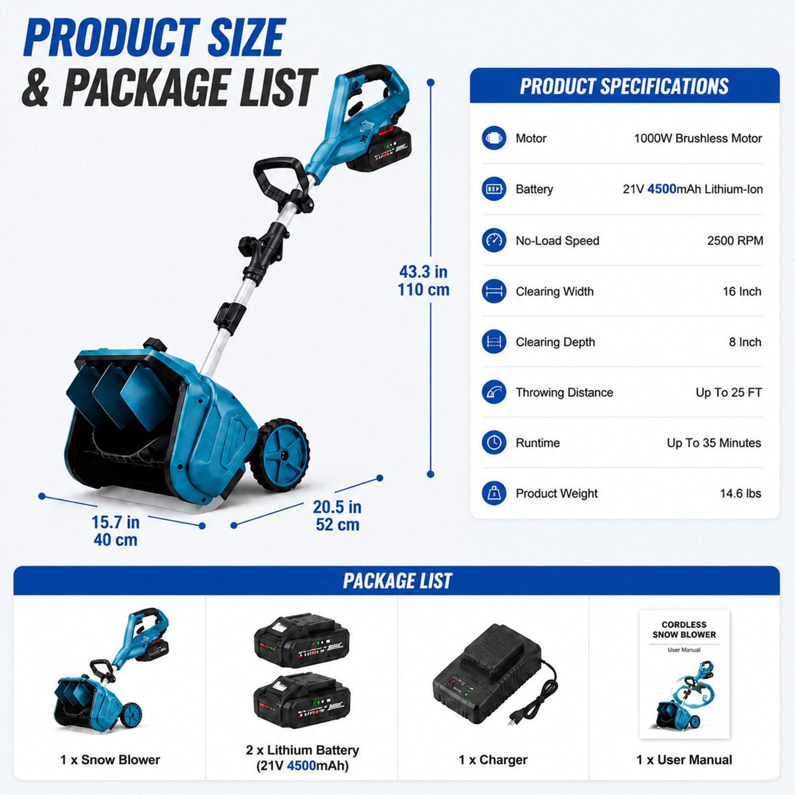 Spazzaneve a Batteria con Batteria 21V e Caricabatterie, Motore Brushless | Gittata di 7,6 m, larghezza di 40 cm, direzione e impugnatura regolabili, autonomia fino a 35 minuti