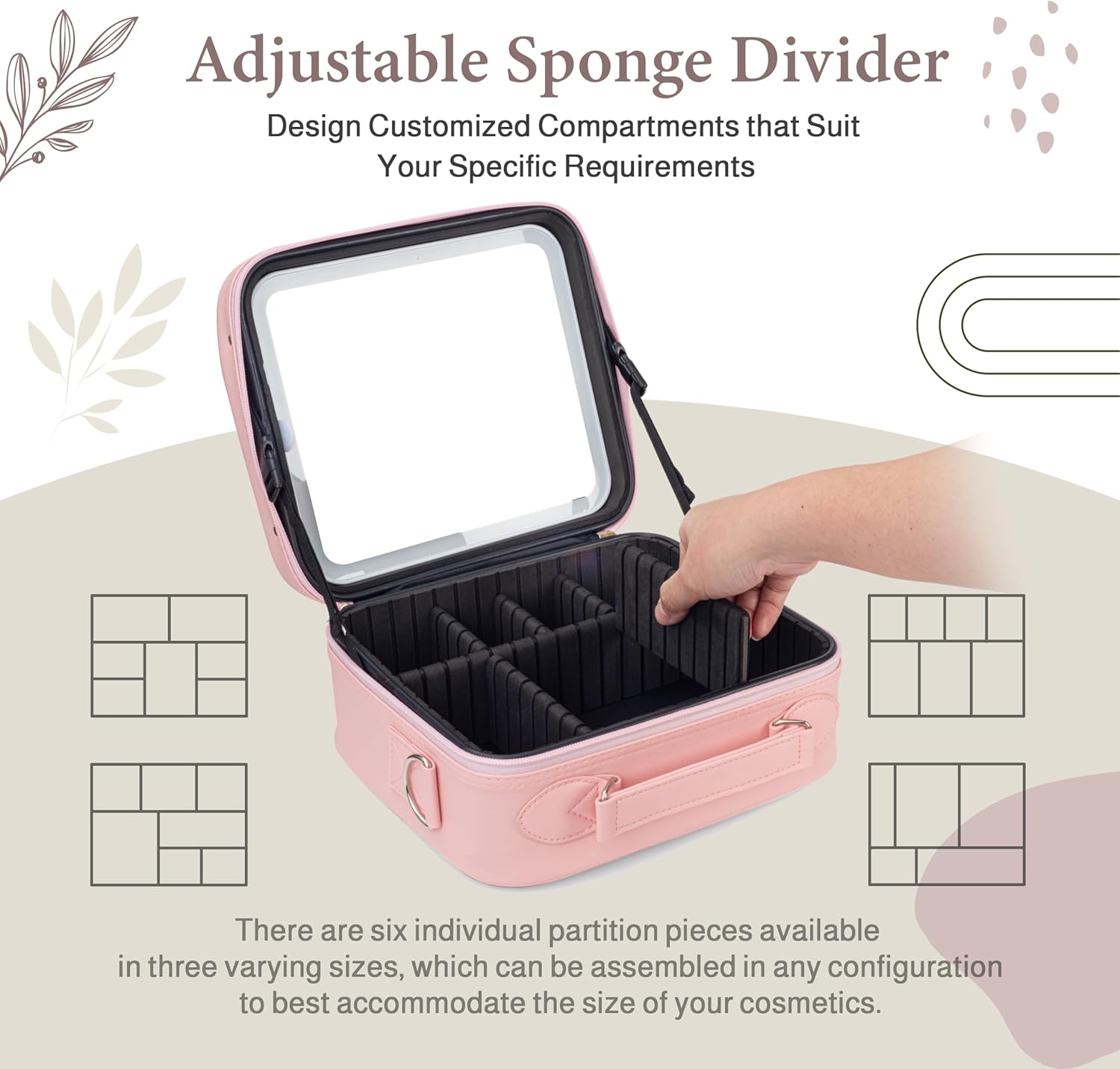 Lighted Makeup Case With Adjustable Dividers, Full Screen Detachable Rechargeable Mirror - 3 Color Adjustable Brightness, Waterproof Travel Makeup Bag - Bonus (Hair Comb with Mirror) (Pink)