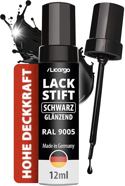 LICARGO Lackstift Schwarz Glänzend – Präziser Pinsel für kleine Kratzer & Steinschläge – Hohe Deckkraft, schnelle Trocknung – Auto Lackstift, Felgenlack, Lackreparaturstift, Made in Germany - 1