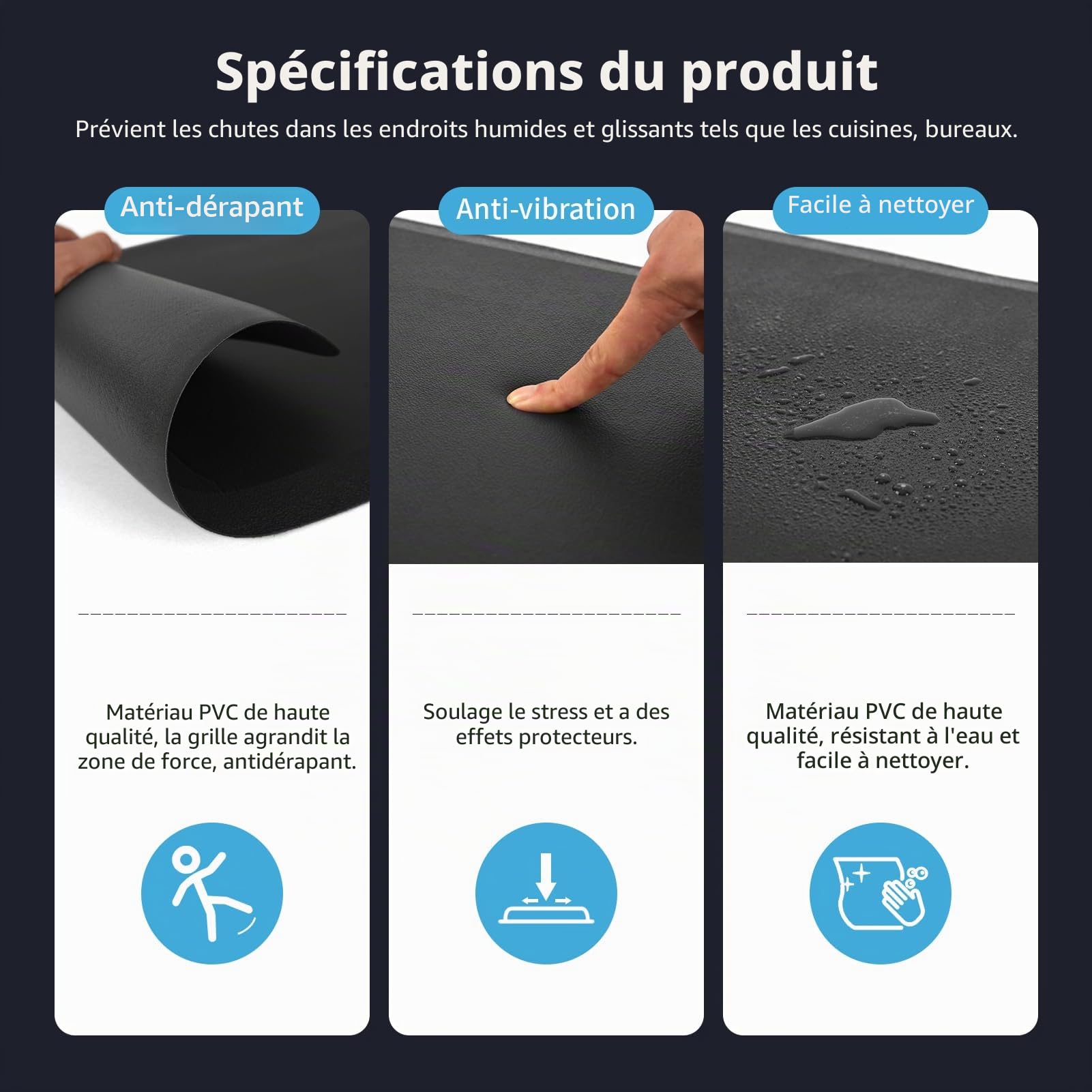 Art3d Tapis de Cuisine Anti-Fatigue d'épaisseur,Tapis de Sol rembourré | 1,9 cm,Pour se Tenir Debout,Pour Bureau, Maison, Bureau,71x44x1.9cm,Noir