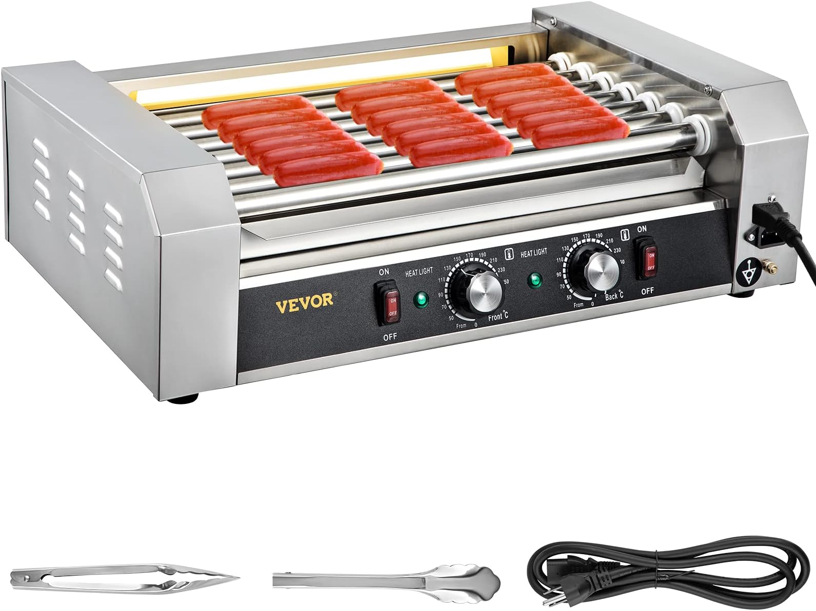 VEVOR Hot Dog Roller, 18 Hot Dog Capacity 7 Rollers, 1050W Stainless Steel Cook Warmer Machine with Dual Temp Control, LED Light and Detachable Drip Tray, Sausage Grill Cooker for Kitchen Restaurant