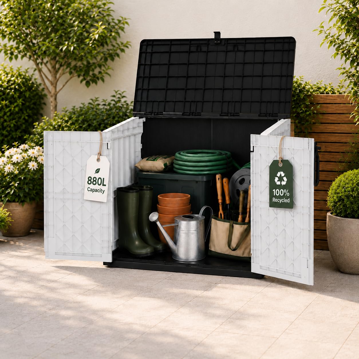 Olsen & Smith 880L Multi-Purpose Outdoor Storage Shed - Lockable Plastic Garden Storage Box with Double Doors & Lift-Up Lid, Weatherproof Bike, Tool, BBQ & Cushion Store, Recyclable ReNew Build