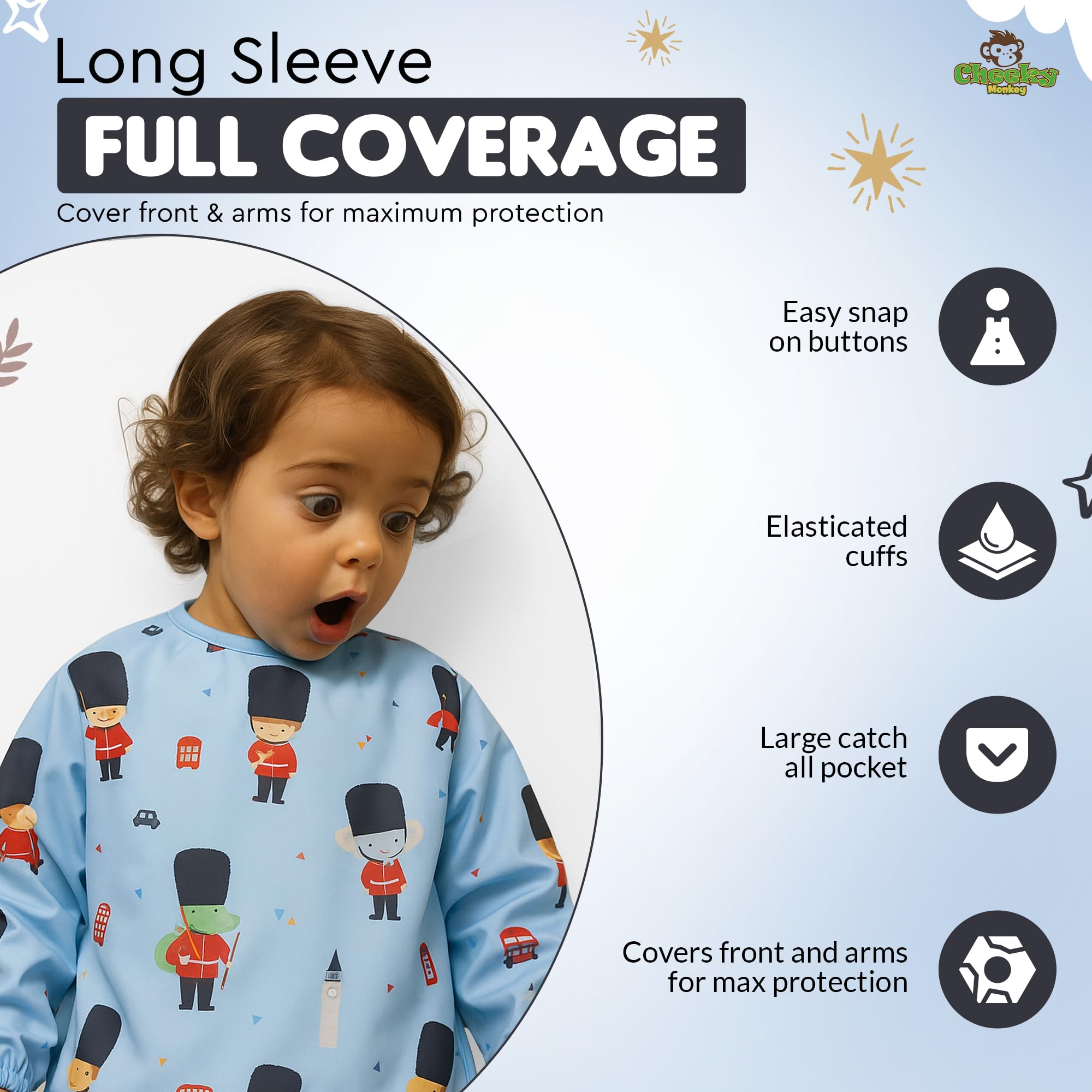 Cheeky Monkey Baby Bibs with Sleeves Waterproof, Blue - Image 2