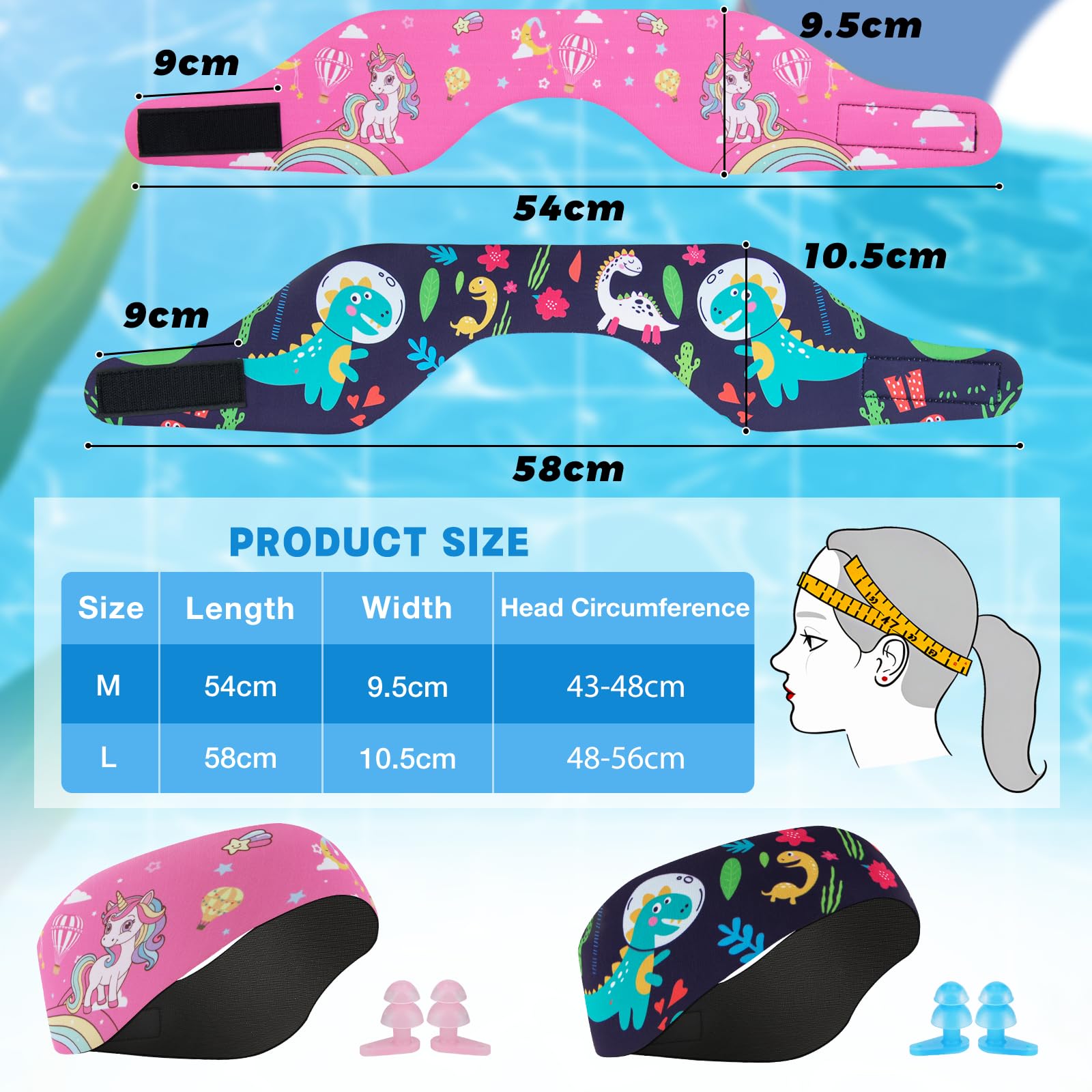 Bandeau de Natation Enfant, Bandeau Élastique avec avec Bouchons d'Oreille de Protection pour la Natation et Autres Sports Nautiques (Rose Bonbon, L)