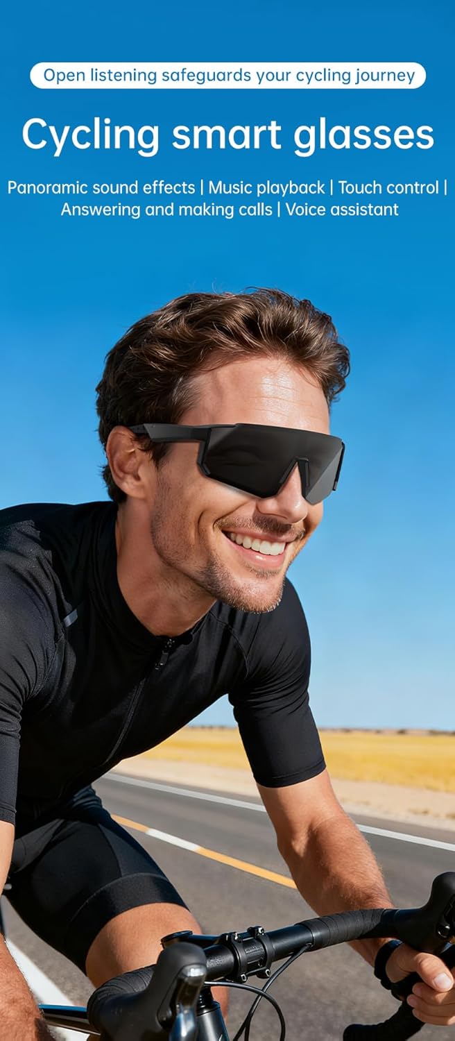 AI Smart Glasses with Chat GPT, Bluetooth Translation for 164 Languages, Photochromic Lens, Music Playback, Hands-Free Calls, UV Protection, Lightweight (Cycling smartglass s1)
