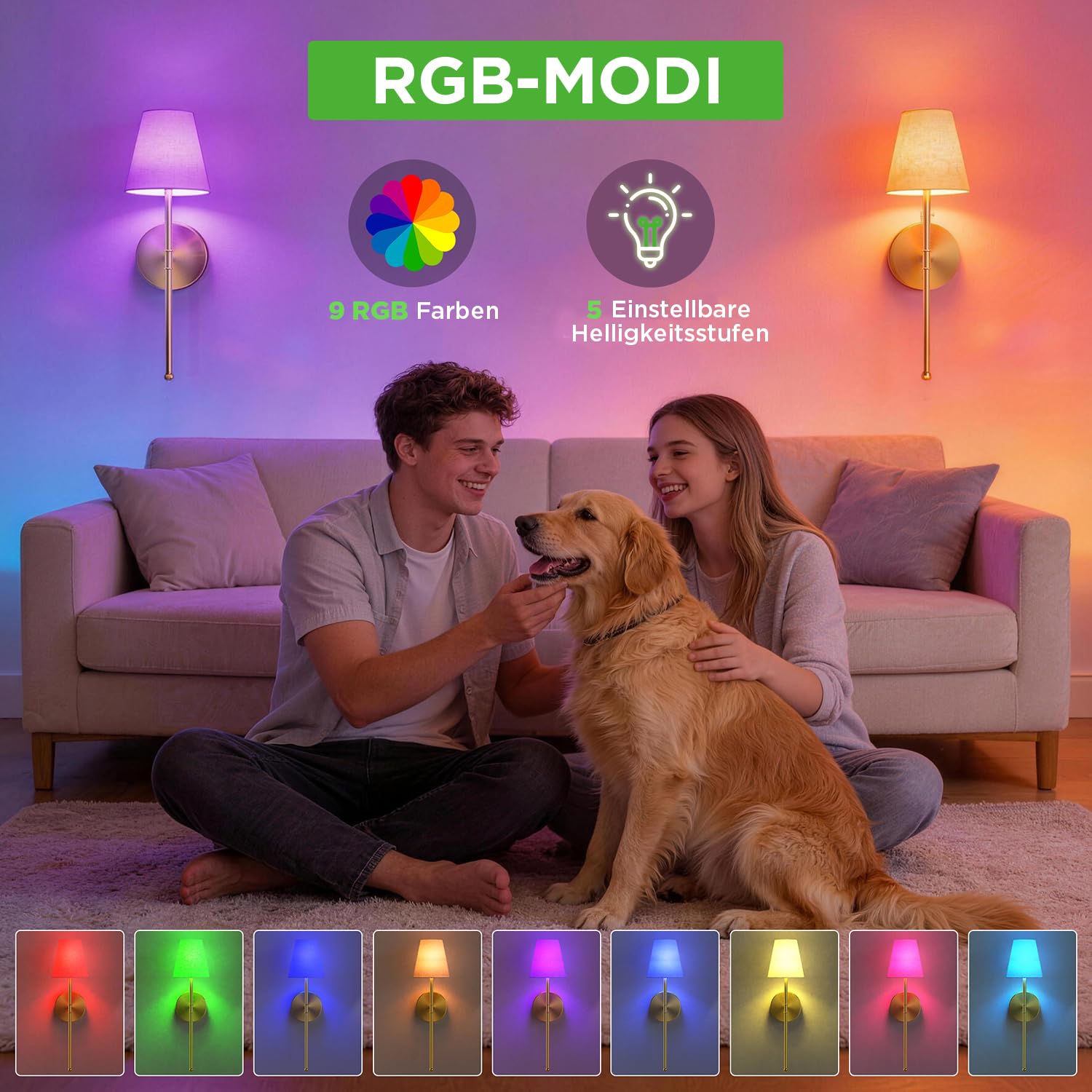 LUTEC Wandleuchten-Set (2 Stück), wiederaufladbare, kabellose Wandleuchten mit 5200 mAh Akku, RGB-Beleuchtung, dimmbar und mit Fernbedienung, 12 Farben, Wandleuchten für Schlafzimmer/Wohnzimmer/Flur