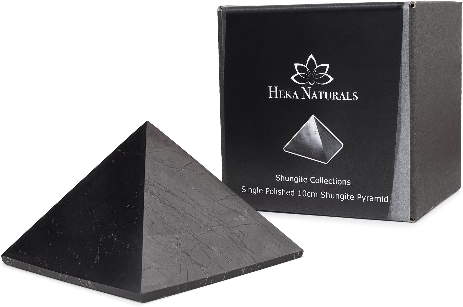Heka Naturals Polished Shungite Pyramid Healing Crystals Gemstone | 10 cm - Home Decor Shungite Stone Crystal - Chakra Healing Meditation Pyramid for Negative Energy Protection