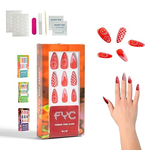 FYC Finesseyourclaws - Uñas reutilizables Acid 24, con forma de almendra, longitud media, incluye adhesivo y kit de preparación de uñas